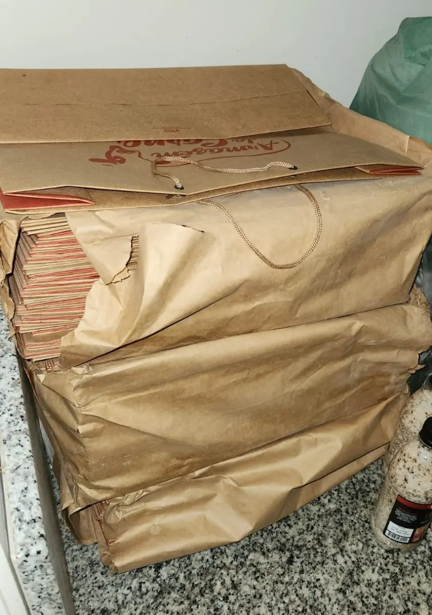 LOTE 222 - LOTE DE BOBINAS DE ETIQUETAS, SACOS PLÁSTICOS, FITAS ADESIVAS, TOUCAS PLÁSTICAS DESCARTÁVEIS, ETC.; SACOLAS DE PLÁSTICO E DE PAPEL COM A LOGOMARCA ARMAZEM DA CARNE