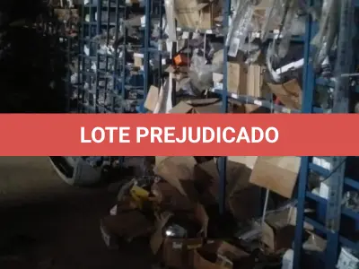 LOTE 5 - Lote de prateleiras metálicas com peças de reposição para veículos, peças de manutenção, partes de carro, tais como: para-choques, capôs de carro, correias, parafusos, porcas, tapetes de carro, painéis plásticos, aros de rodas pneus, partes de lataria de carros, lanternas, etc, aval.: R$ 55.000,00