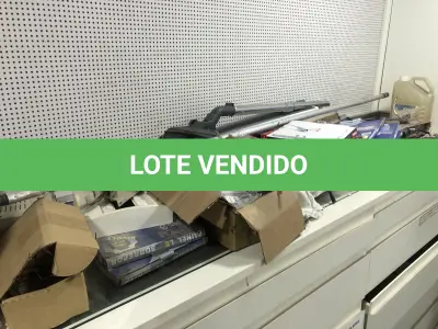 LOTE 046 - Lote com guilhotina, esmerilhadeiras, serras, parafusos, banquetas, manequim, catalogos, cortinas, fitas de borda, serra circular, lixadeiras, engraxadeira, cones, cintas, catracas, vaso, cintos alpinista, prateleira, balcão, armarios, silicones, soprador de calor, etc 