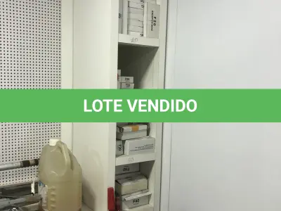 LOTE 046 - Lote com guilhotina, esmerilhadeiras, serras, parafusos, banquetas, manequim, catalogos, cortinas, fitas de borda, serra circular, lixadeiras, engraxadeira, cones, cintas, catracas, vaso, cintos alpinista, prateleira, balcão, armarios, silicones, soprador de calor, etc 