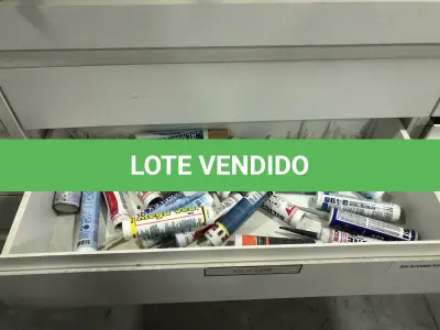 LOTE 046 - Lote com guilhotina, esmerilhadeiras, serras, parafusos, banquetas, manequim, catalogos, cortinas, fitas de borda, serra circular, lixadeiras, engraxadeira, cones, cintas, catracas, vaso, cintos alpinista, prateleira, balcão, armarios, silicones, soprador de calor, etc 