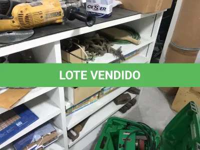 LOTE 046 - Lote com guilhotina, esmerilhadeiras, serras, parafusos, banquetas, manequim, catalogos, cortinas, fitas de borda, serra circular, lixadeiras, engraxadeira, cones, cintas, catracas, vaso, cintos alpinista, prateleira, balcão, armarios, silicones, soprador de calor, etc 