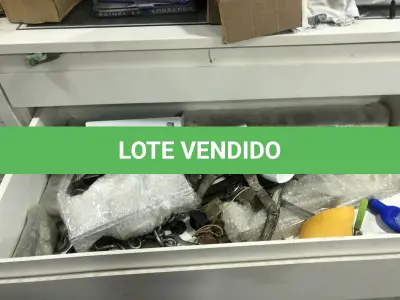 LOTE 046 - Lote com guilhotina, esmerilhadeiras, serras, parafusos, banquetas, manequim, catalogos, cortinas, fitas de borda, serra circular, lixadeiras, engraxadeira, cones, cintas, catracas, vaso, cintos alpinista, prateleira, balcão, armarios, silicones, soprador de calor, etc 