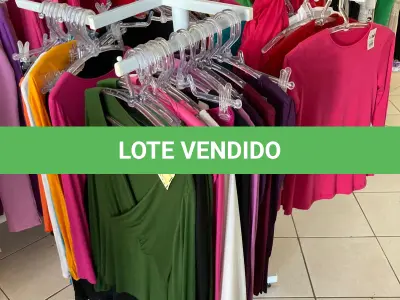 LOTE 000 - Lote com aproximadamente 3.500 peças de roupas e seus cabides (toda a loja): vestidos, saias, moletons, casacos, bermudas, calças, camisetas