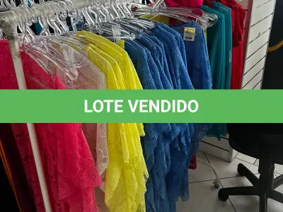 LOTE 000 - Lote com aproximadamente 3.500 peças de roupas e seus cabides (toda a loja): vestidos, saias, moletons, casacos, bermudas, calças, camisetas