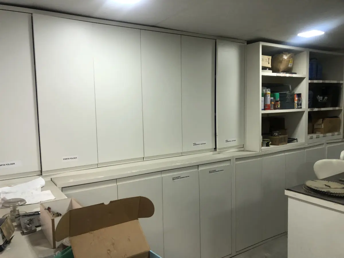 LOTE 046 - Lote com guilhotina, esmerilhadeiras, serras, parafusos, banquetas, manequim, catalogos, cortinas, fitas de borda, serra circular, lixadeiras, engraxadeira, cones, cintas, catracas, vaso, cintos alpinista, prateleira, balcão, armarios, silicones, soprador de calor, etc 