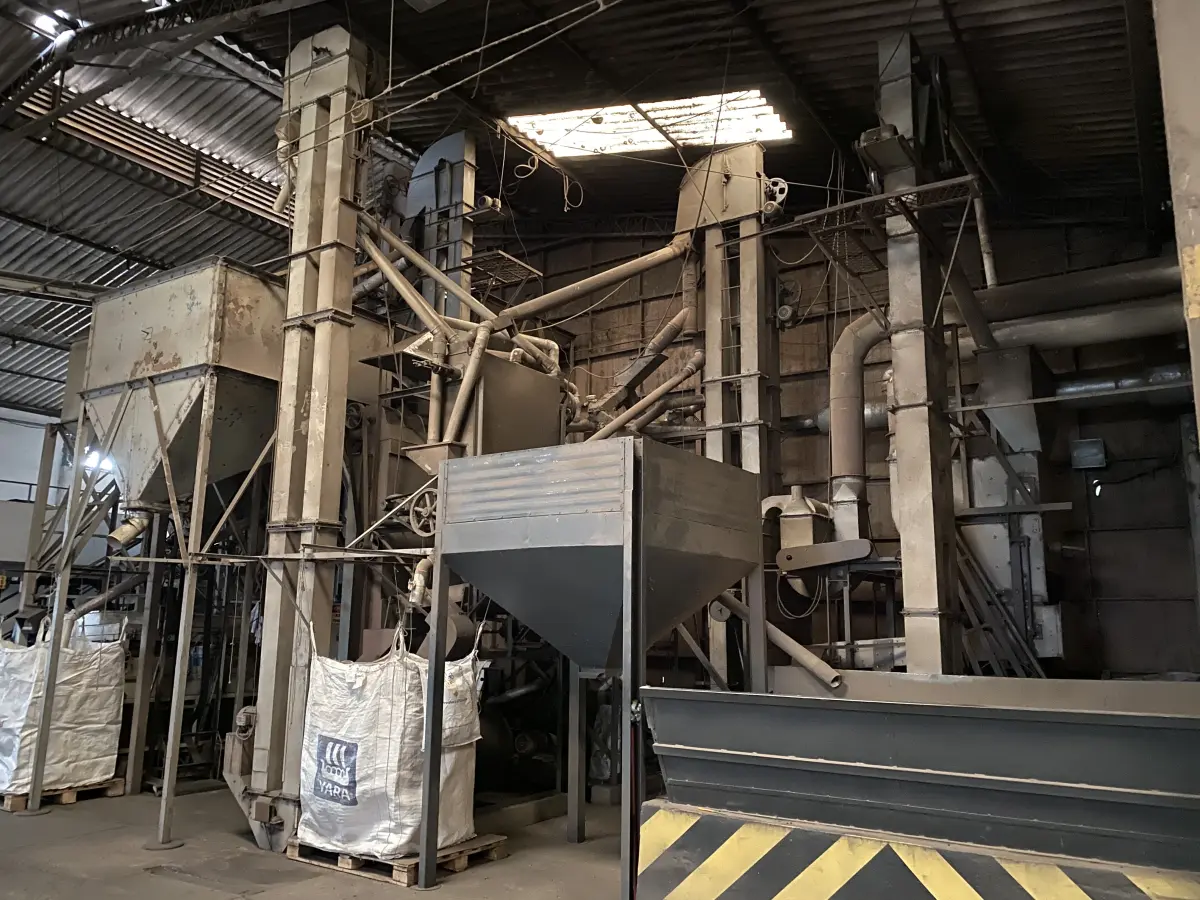 LOTE 005 - sistema de preparação de feijão com moega pequena tipo bacia, elevadores, desbastadoras, filtragem, secagem, com mesa vibratoria e classificação de grãos