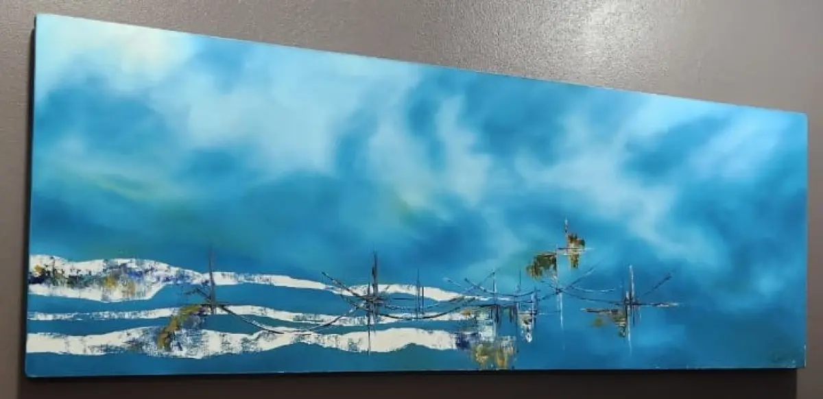 LOTE 127 - TELA DECORATIVA PINTADA A MÃO, RETANGULAR, AZUL