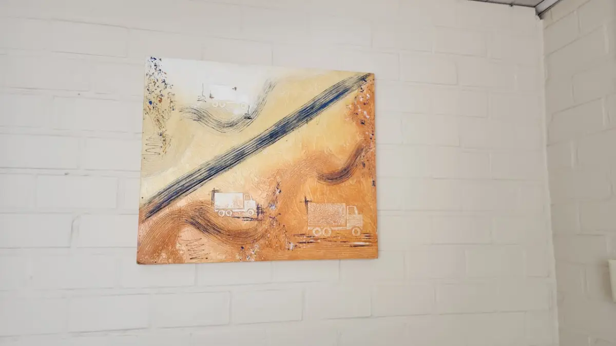 LOTE 142 - TELA DECORATIVA PINTADA A MÃO, LARANJA E AMARELO