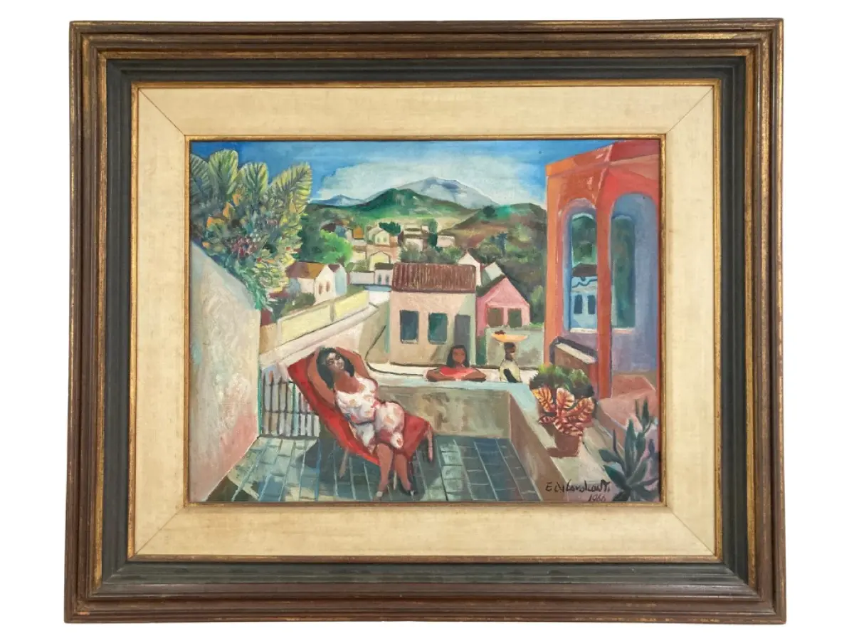 LOTE 002 - Di Cavalcanti - Paisagem com Mulher no Terraço - 1996, Óleo sobre tela, 50 x 65 cm