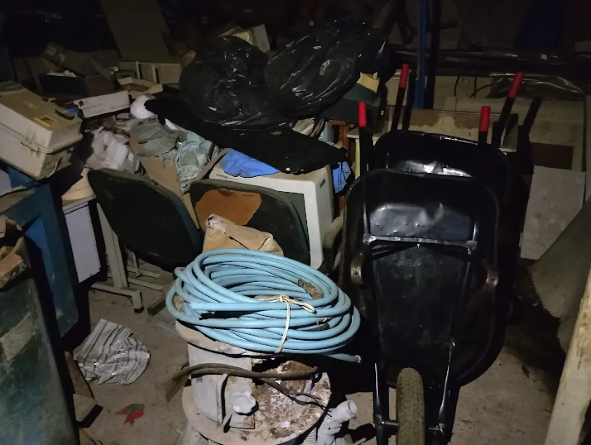 LOTE 170 - 01 armário metálico baixo, 02 mesas de trabalho, 02 bancadas/equipamentos industriais metálicos, 01 carrinho de mão, 02 cadeiras de escritório, 01 cortador de grama a gasolina, 01 roçadeira lateral a gasolina, 02 tambores metálicos, 01 pulverizador costal, 01 escada de alumínio, 01 caixa plástica grande, 01 mangueira enrolada, aproximadamente 10 utensílios de limpeza (vassouras, rodos e ancinhos), diversas caixas plásticas e de papelão, diversos galões plásticos, latas de tinta e materiais diversos de manutenção