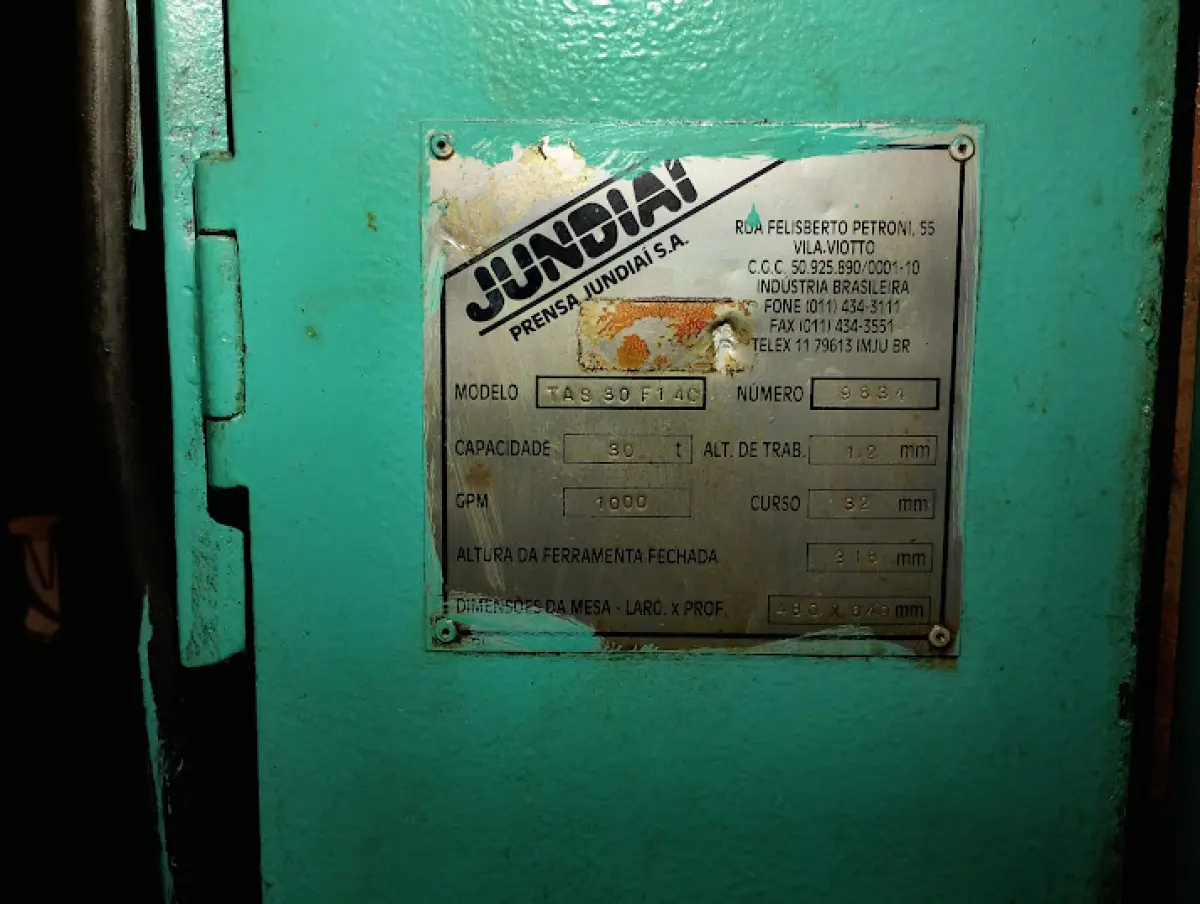 LOTE 178 - Prensa Jundiaí TAS 30 F14C (30 Toneladas) e Equipamentos