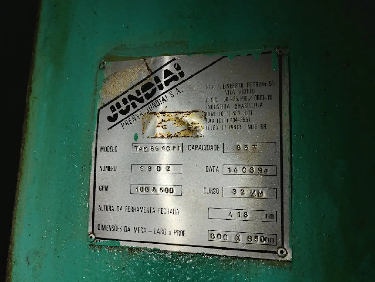 LOTE 183 - Prensa excêntrica mecânica, marca Jundiaí, modelo TAS 85 4C F1