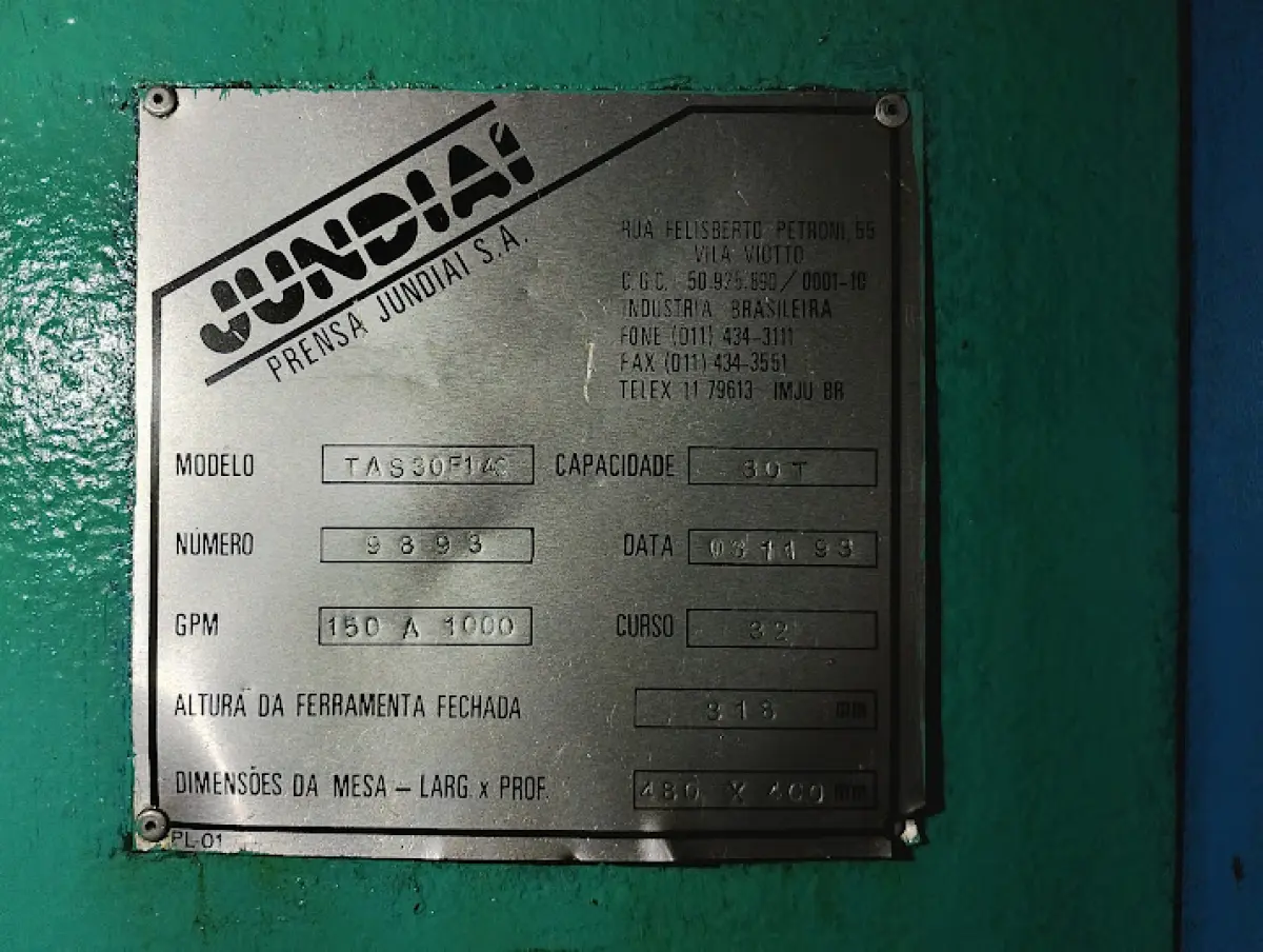 LOTE 185 - Prensa mecânica excêntrica, marca Jundiaí, modelo TAS 30F140, capacidade 30 toneladas