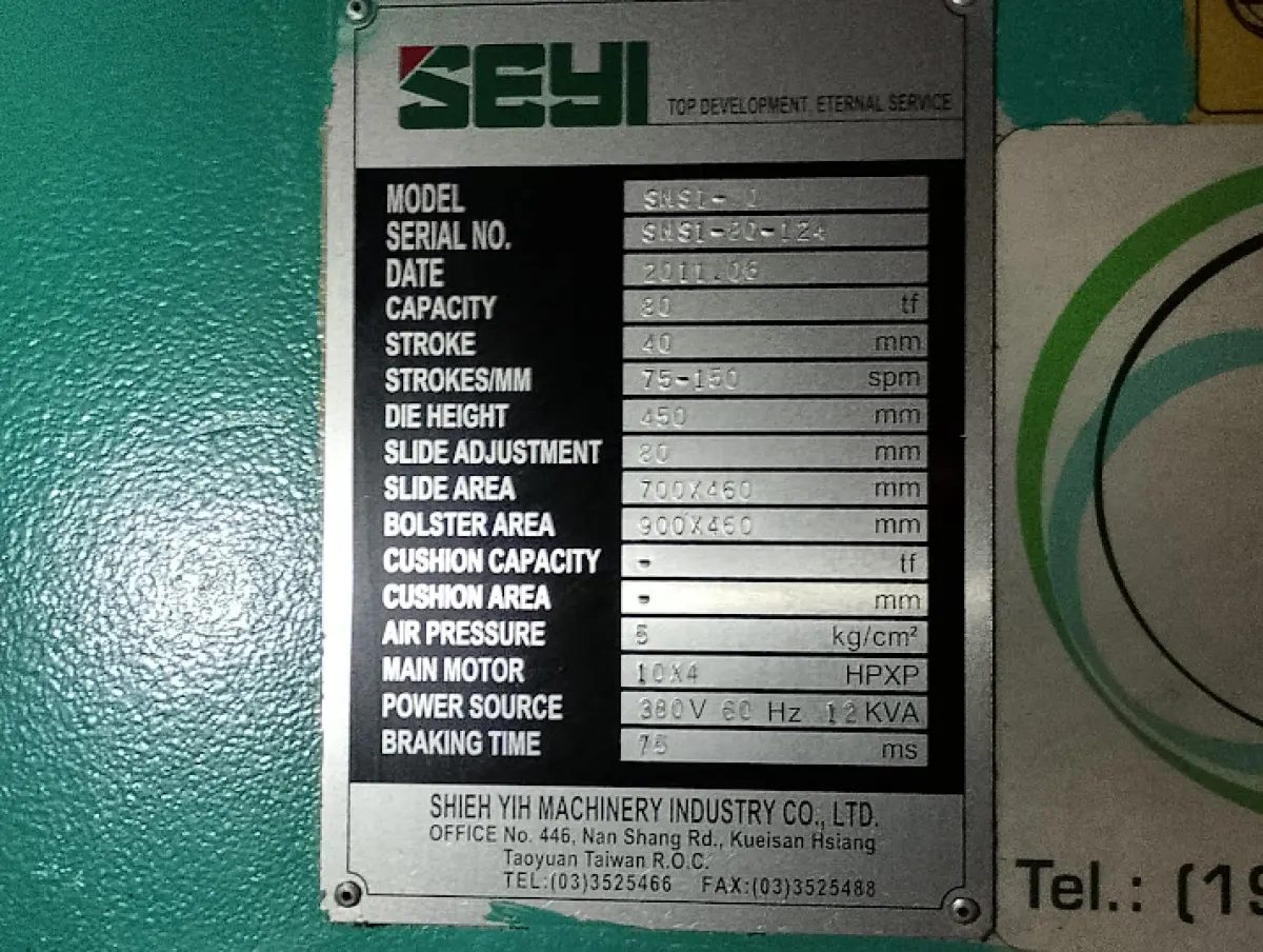 LOTE 186 - Prensa excêntrica mecânica SEYI, modelo SNS1-80 (Capacidade 80 tf, Ano 2011)