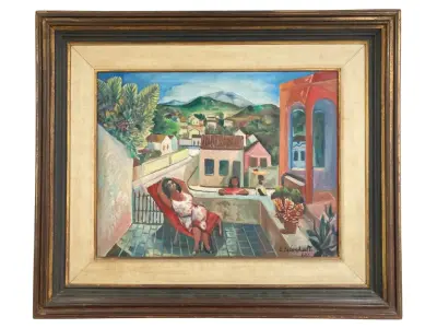 LOTE 002 - Di Cavalcanti - Paisagem com Mulher no Terraço - 1996, Óleo sobre tela, 50 x 65 cm