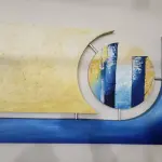 LOTE 203 - TELA DECORATIVA PINTADA A MÃO, RETANGULAR, AZUL E AMARELO